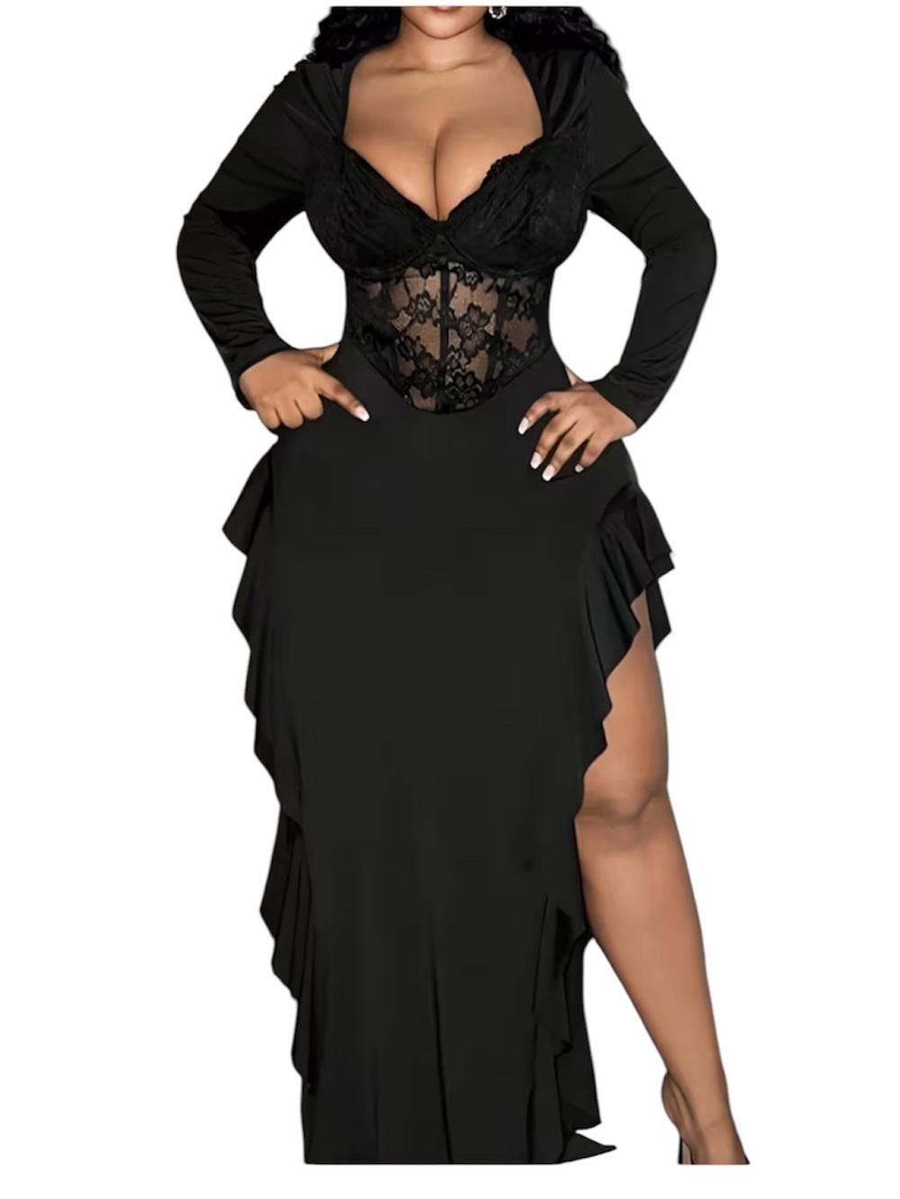 Plus Size Long Sleeve Black Lace-Front Slip Dress
